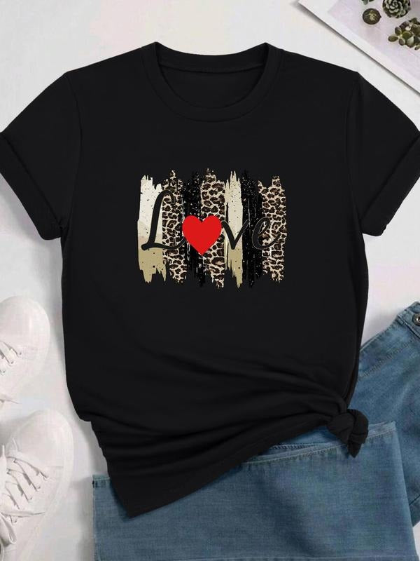 Women's Leopard Heart & Letter Print Round Neck Tee, Fashion Casual Crew Neck T-Shirt for Daily Holiday Vacation Outdoor...