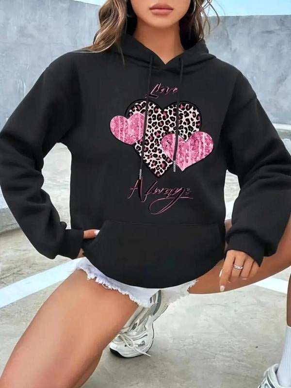 Women's Leopard Heart Print Drawstring Hoodie, Casual Long Sleeve Pocket Hooded Sweatshirt for Fall & Winter, Women's...