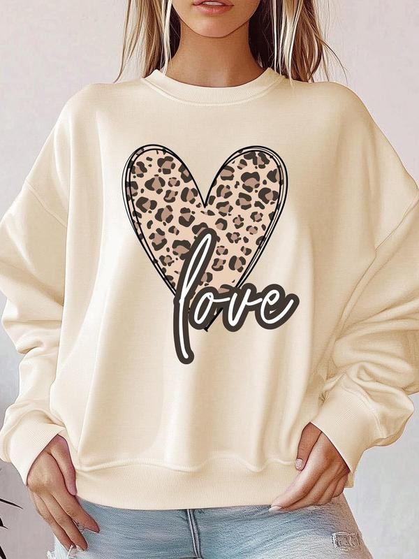 Women's Leopard Heart Print Drop Shoulder Thermal Lined Sweatshirt, Casual Long Sleeve Round Neck Pullover for Fall &...