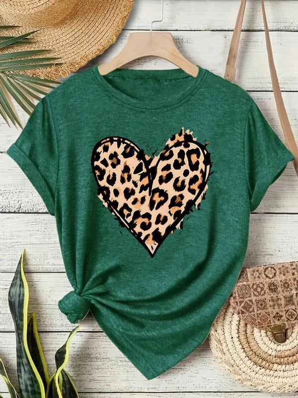 Women's Leopard Heart Print Round Neck Tee, Fashion Casual Crew Neck T-Shirt for Daily Holiday Vacation Outdoor Wear,...