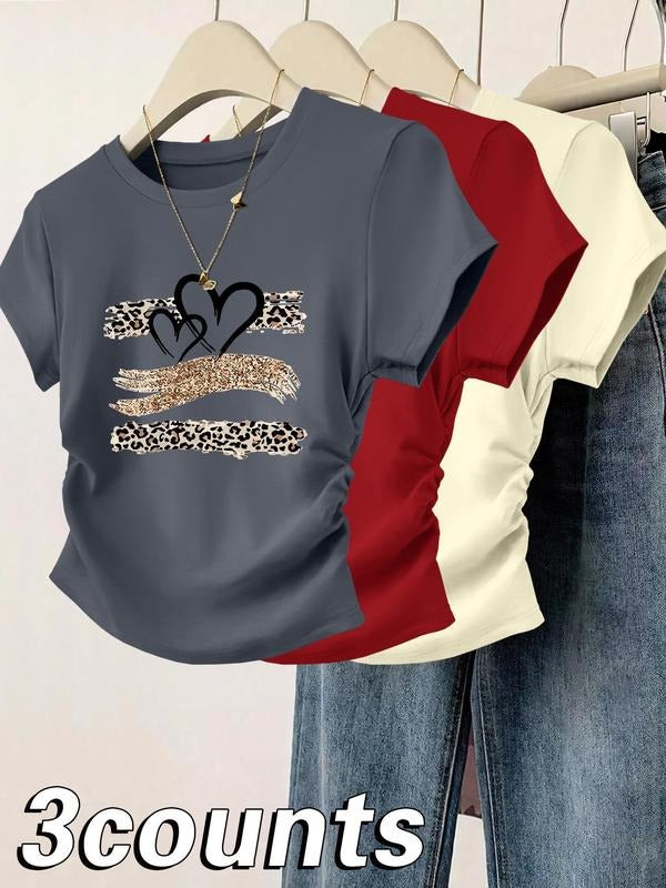 Women's Leopard Heart Print Tee, Casual Short Sleeve T-shirt for Daily Wear, Ladies Clothes for All Seasons, Top Hoodie,...