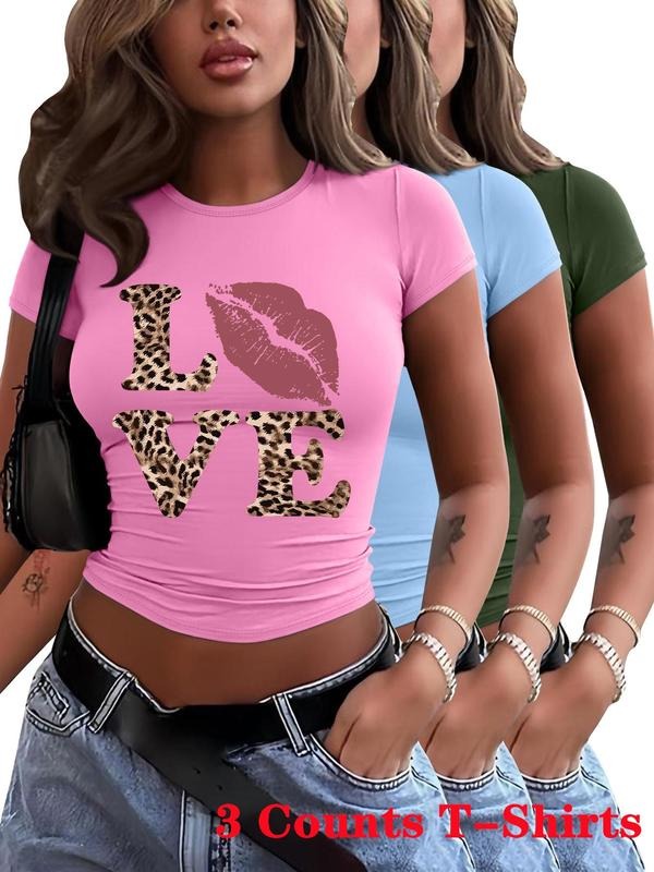 Women's Leopard Lip Print Round Neck Tee, Casual Short Sleeve T-shirt for Daily Wear, Ladies Clothes for All Seasons, Top...