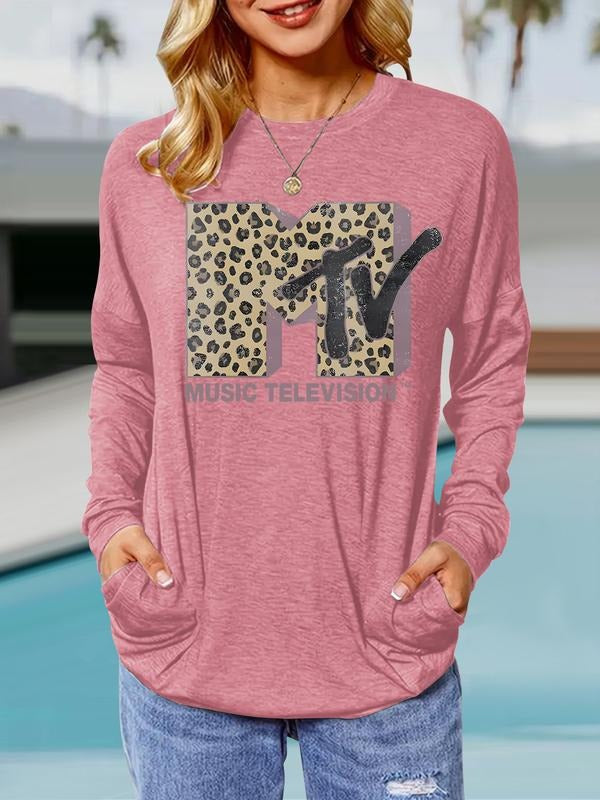 Women's Leopard Print MTB Pattern Round Neck Long Sleeve Pullover Shirt, Casual Loose Fit Spring & Fall Top, Comfortable...