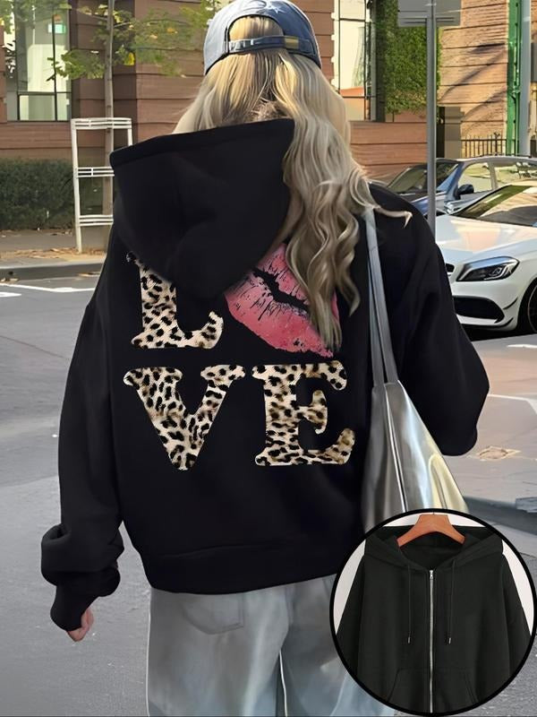 Women's Leopard Print Zip Up Hoodie, Fashion Casual Letter Graphic Hooded Sweatshirt for Daily Holiday Outdoor Wear,...
