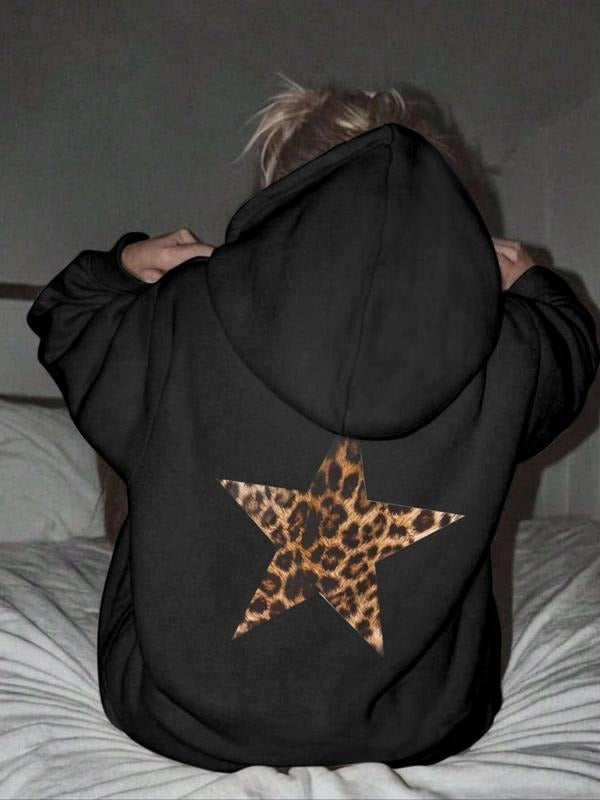 Women's Leopard Star Print Drop Shoulder Hoodie, Fashion Casual Drawstring Pocket Hooded Sweatshirt for Daily Holiday...