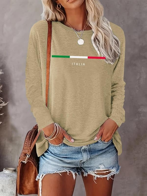 Letter & Striped Print Round Neck Casual Long Sleeve Crew Neck Fall & Winter Clothes Daily T-Shirts, Hoodie, Sweatshirt