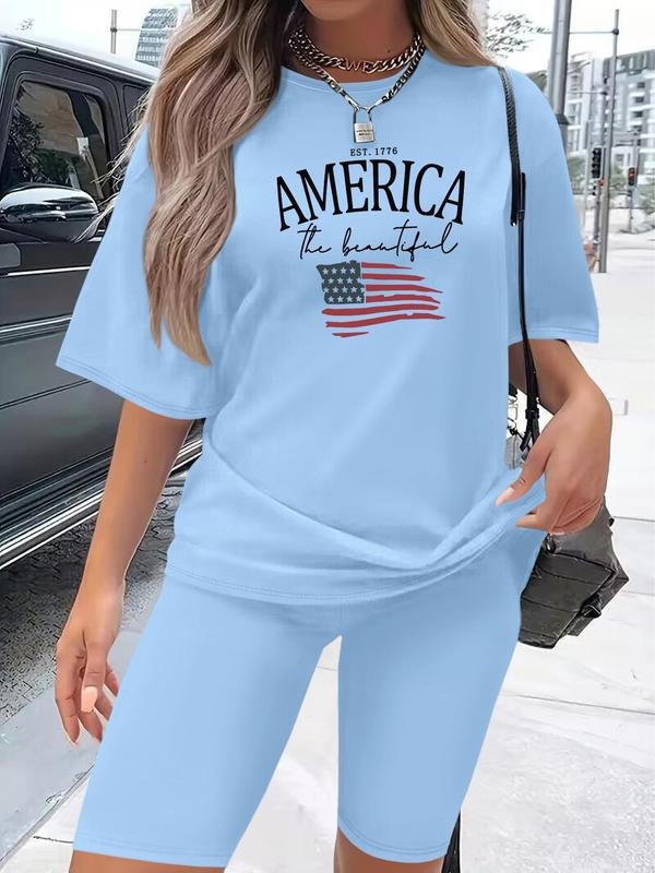 Women's Letter & American Flag Print   Tee &   Shorts  Set, Casual Round Neck T-shirt & Shorts for Daily Wear, Ladies...