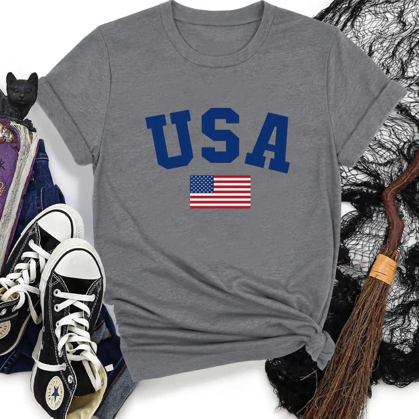 Women's Letter & American Flag Print Round Neck Tee, Casual Short Sleeve Crew Neck T-shirt for Daily Wear, Women's...