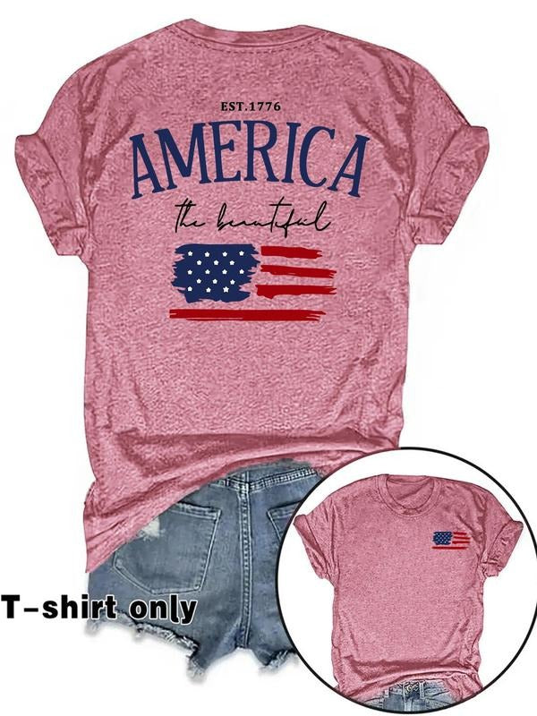 Women's Letter & American Flag Print Round Neck Tee, Casual Short Sleeve Crew Neck T-shirt for Summer, Fashion Women's...