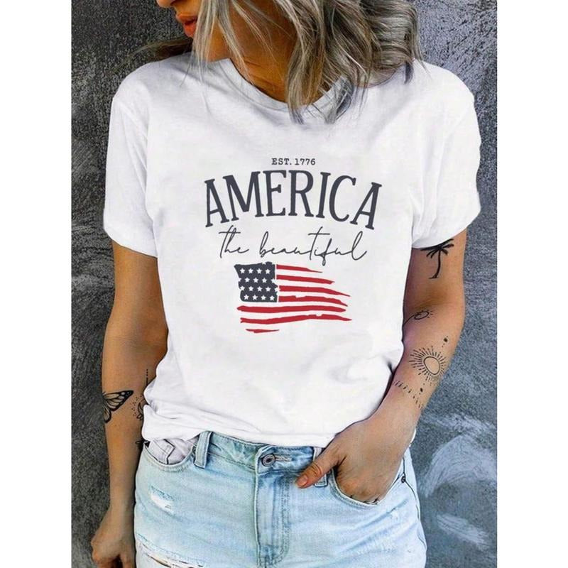 Women's Letter & American Flag Print Round Neck Tee, Trendy Casual Short Sleeve T-Shirt for Daily Wear, Ladies Summer...