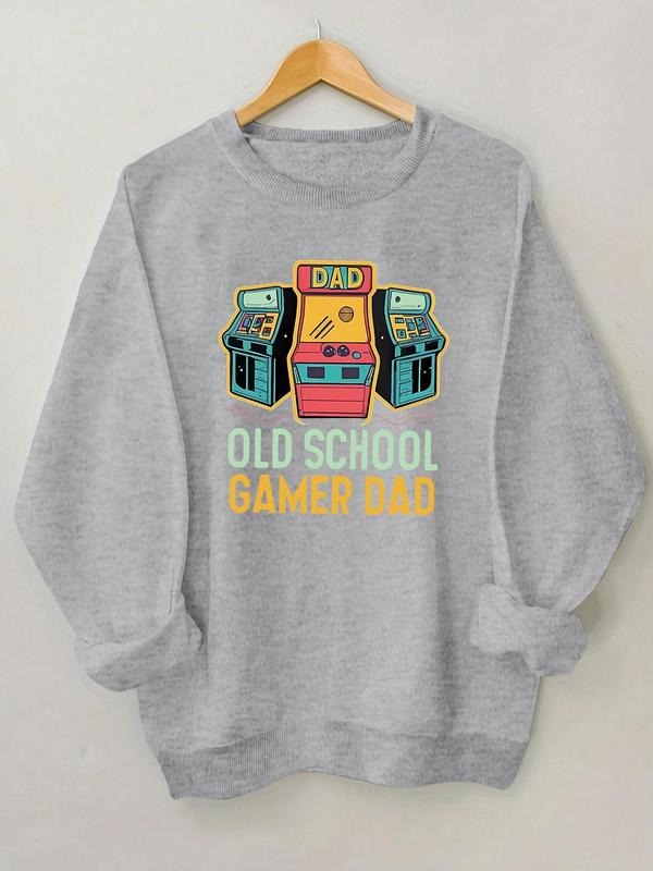 Women's Letter & Arcade Machine Print Drop Shoulder Sweatshirt, Casual Long Sleeve Round Neck Pullover for Fall & Winter,...