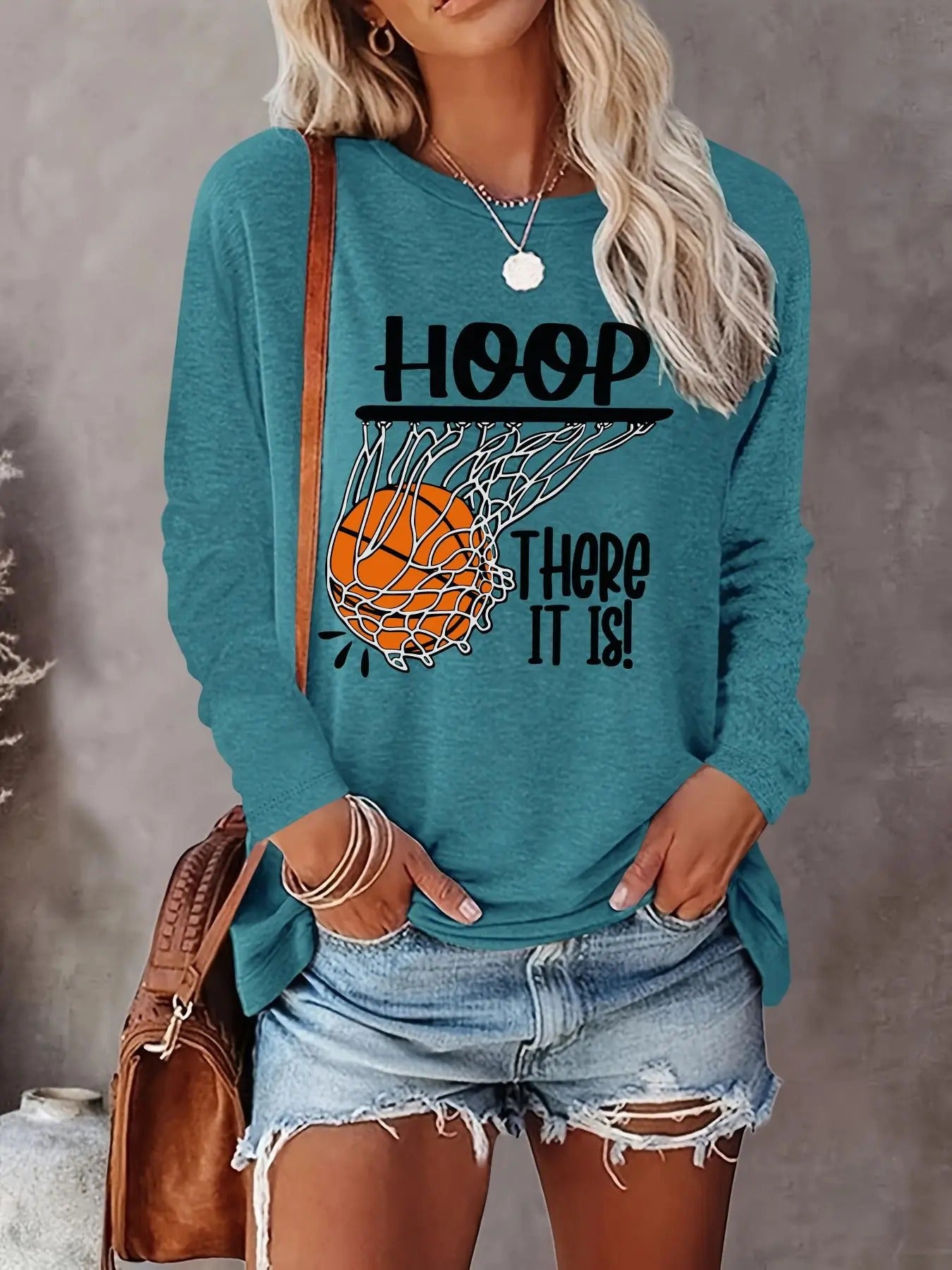 Letter & Basketball Print Round Neck Casual Long Sleeve Crew Neck Fall & Winter Top Daily T-Shirts, Hoodie, Sweatshirt