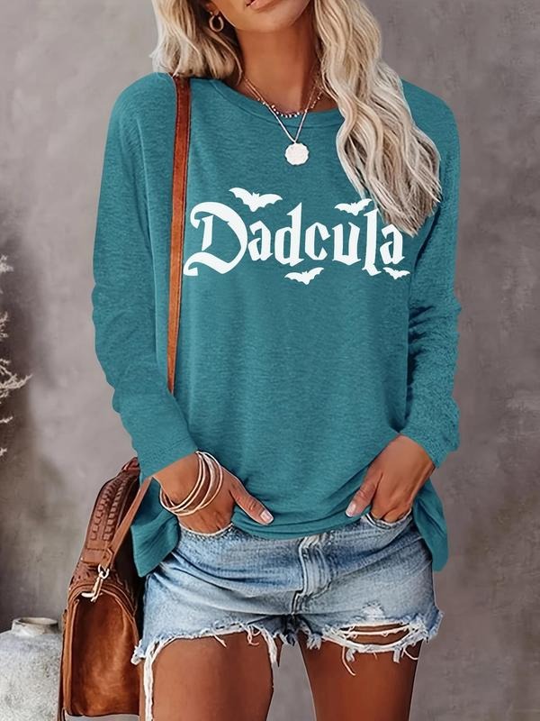 Women's Letter & Bat Print Round Neck T-shirt, Casual Halloween Long Sleeve Crew Neck Tee for Daily Wear, Women's...
