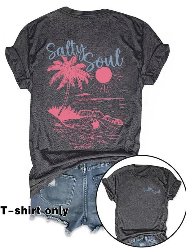Women's Letter & Beach Print Round Neck Tee, Casual Short Sleeve Crew Neck T-shirt for Summer, Fashion Women's Top for...