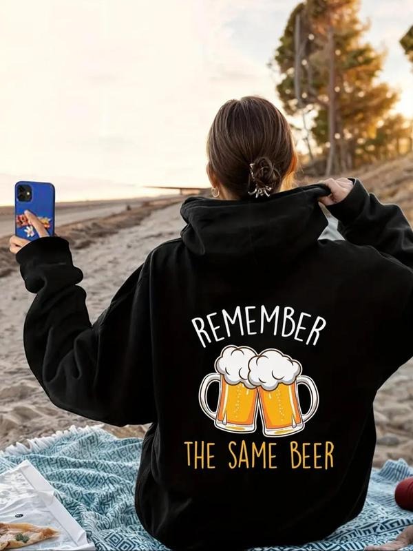 Women's Letter & Beer Print Drawstring Hoodie, Casual Long Sleeve Hooded Sweatshirt For Fall & Winter, Women's Clothes...