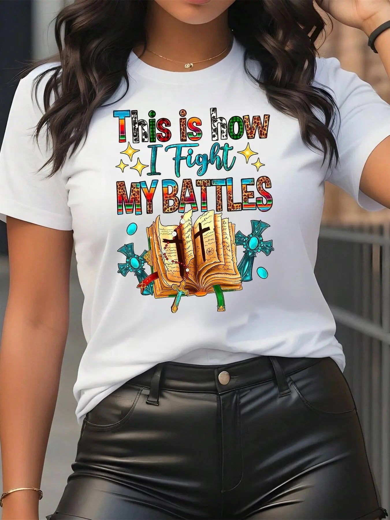 Women's Letter & Bible Print Round Neck Tee, Fashion Casual Crew Neck Short Sleeve T-Shirt for Daily Holiday Vacation...