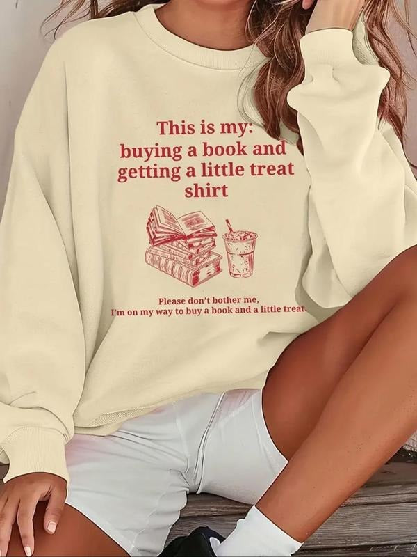 Women's Letter & Book Print Round Neck Pullover, Casual Long Sleeve Crew Neck Sweatshirt for Fall & Winter, Women's...