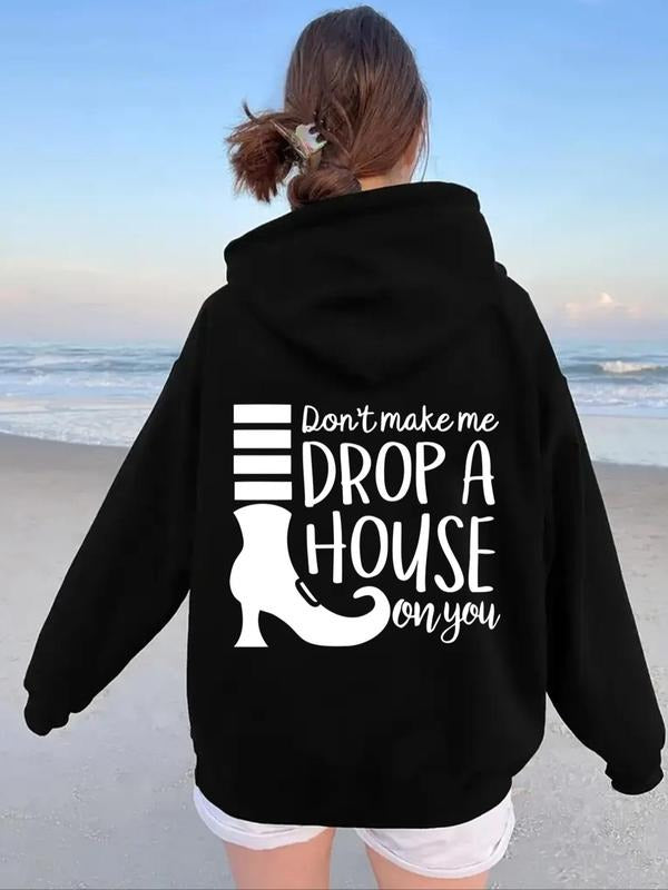 Women's Letter & Boots Print Drop Shoulder Hoodie, Fashion Casual Drawstring Pocket Hooded Sweatshirt for Daily Holiday...