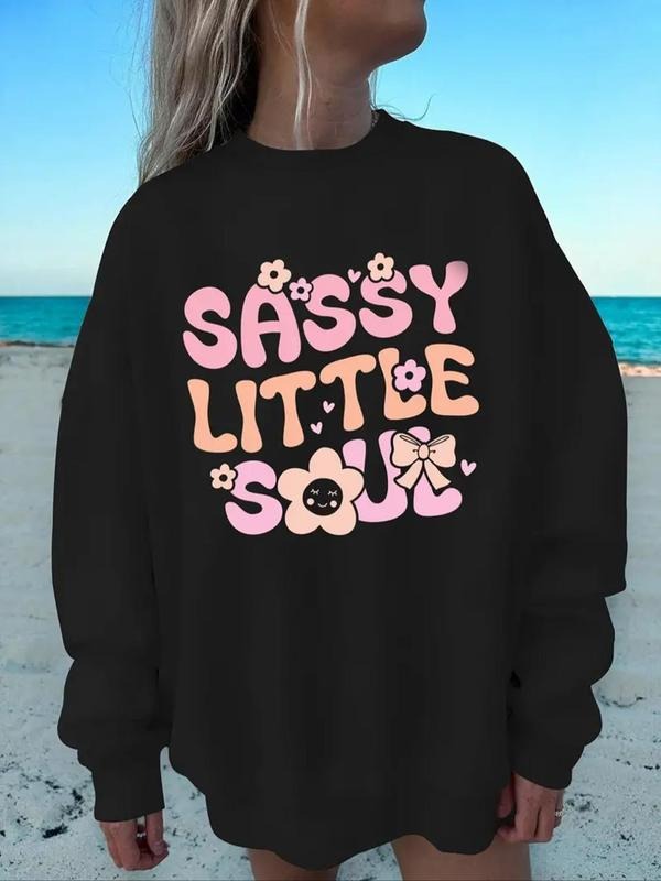 Women's Letter & Bow & Flower Print Crew Neck Sweatshirt, Casual Long Sleeve Pullover for Daily Wear, Ladies Tops for All...