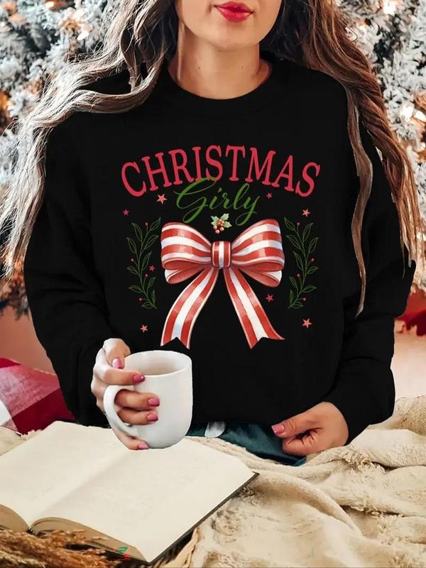Women's Letter & Bow Print Drop Shoulder Sweatshirt, 2024 New Style Casual Long Sleeve Round Neck Pullover for Fall &...