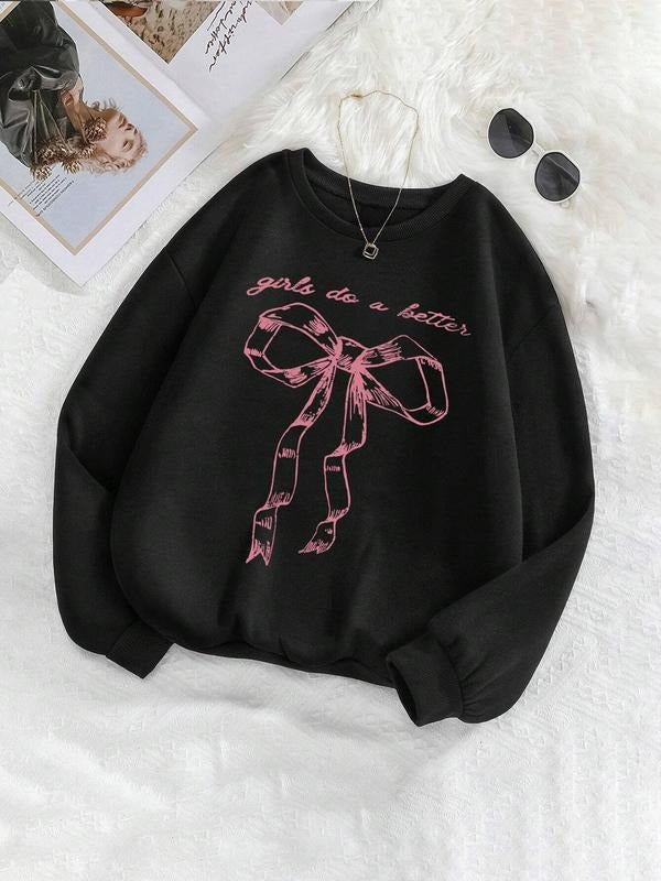 Women's Letter & Bow Print Drop Shoulder Thermal Lined Sweatshirt, Casual Long Sleeve Round Neck Pullover for Fall &...