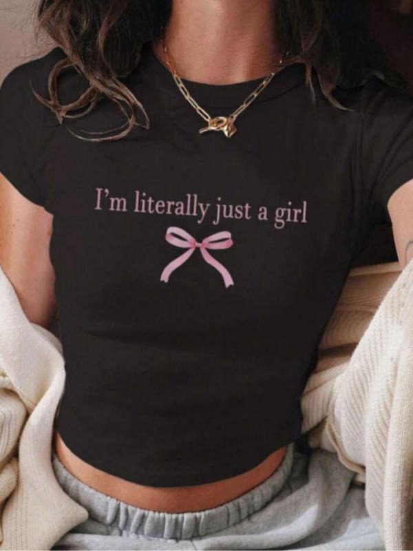 Women's Letter & Bow Print Round Neck Crop Tee, Vintage Trendy Casual Short Sleeve T-shirt for Daily Wear, Ladies Summer...