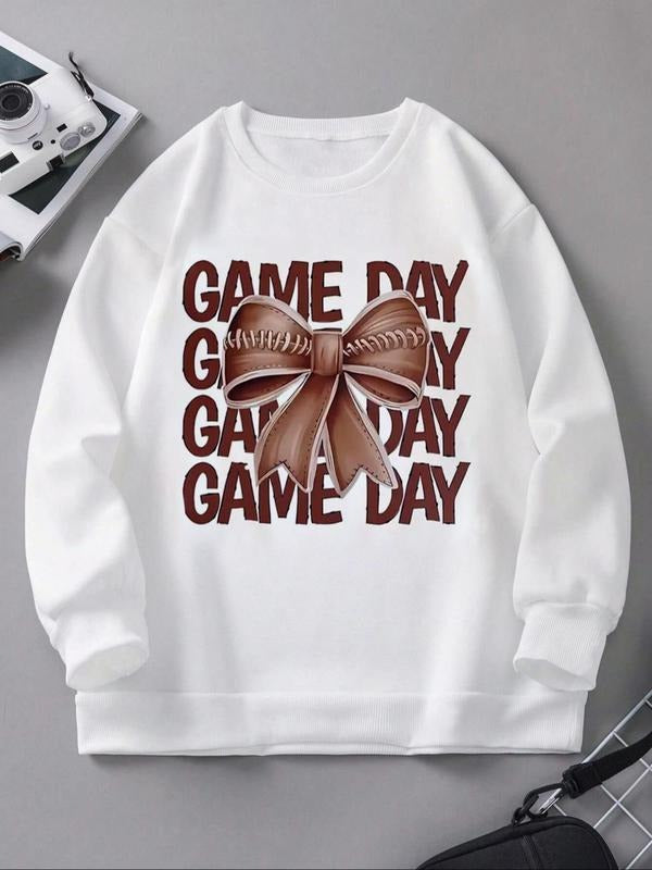 Women's Letter & Bow Print Round Neck Sweatshirt, Casual Long Sleeve Crew Neck Pullover for Fall & Winter, Women's...