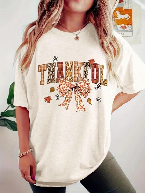 Women's Letter & Bow Print Round Neck Tee, Casual Short Sleeve Crew Neck T-Shirt for Summer, Fashion Women's Top for...