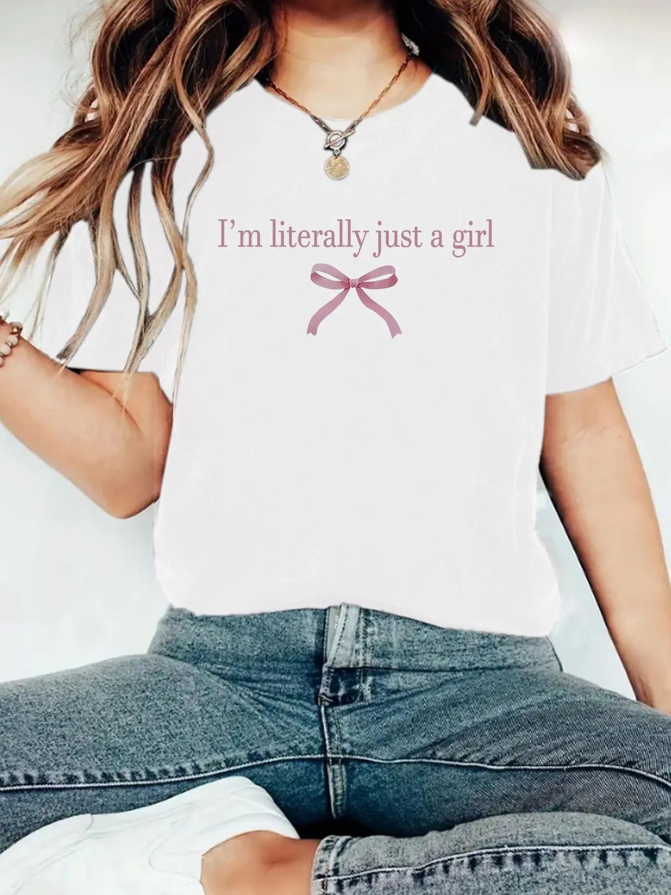 Women's Letter & Bow Print Round Neck Tee, Casual Short Sleeve Crew Neck T-shirt for Summer, Fashion Women's Top for...