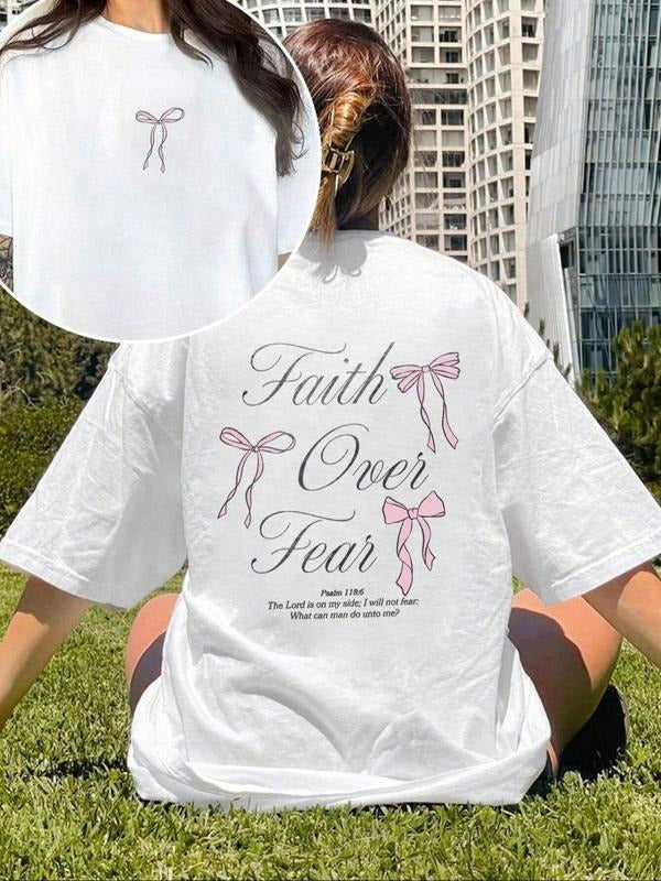 Women's Letter & Bow Print Round Neck Tee, Casual T-shirt for Daily Wear, Ladies Summer Tops Hoodie, Sweatshirt