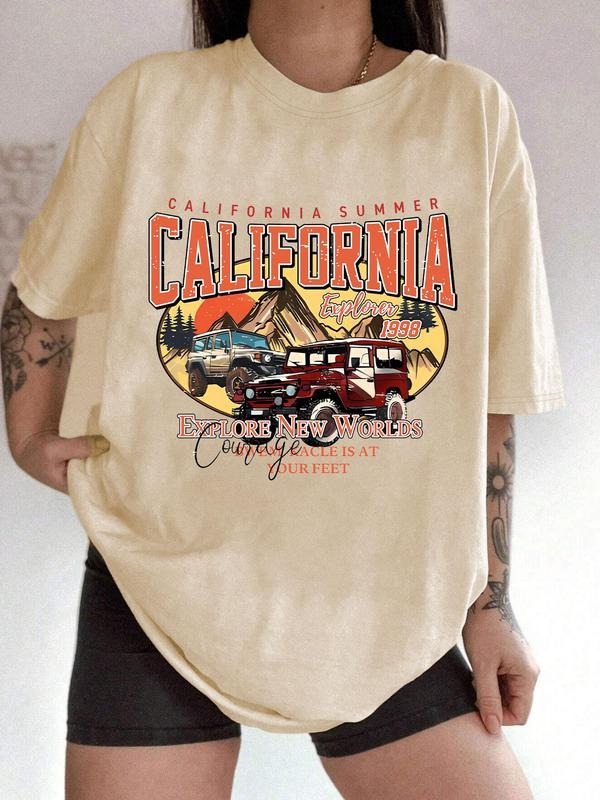 Women's Letter & California Print Drop Shoulder Tee, Casual Half Sleeve Round Neck T-shirt for Summer, Women's Top for...