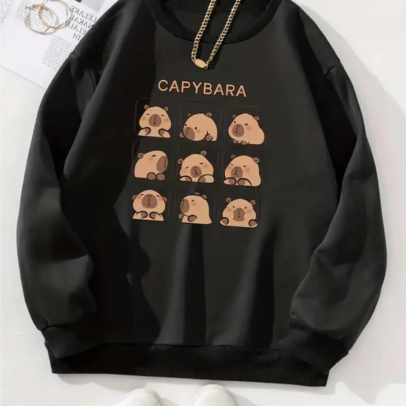Women's Letter & Capybara Print Drop Shoulder Sweatshirt, Casual Long Sleeve Round Neck Pullover for Fall & Winter,...