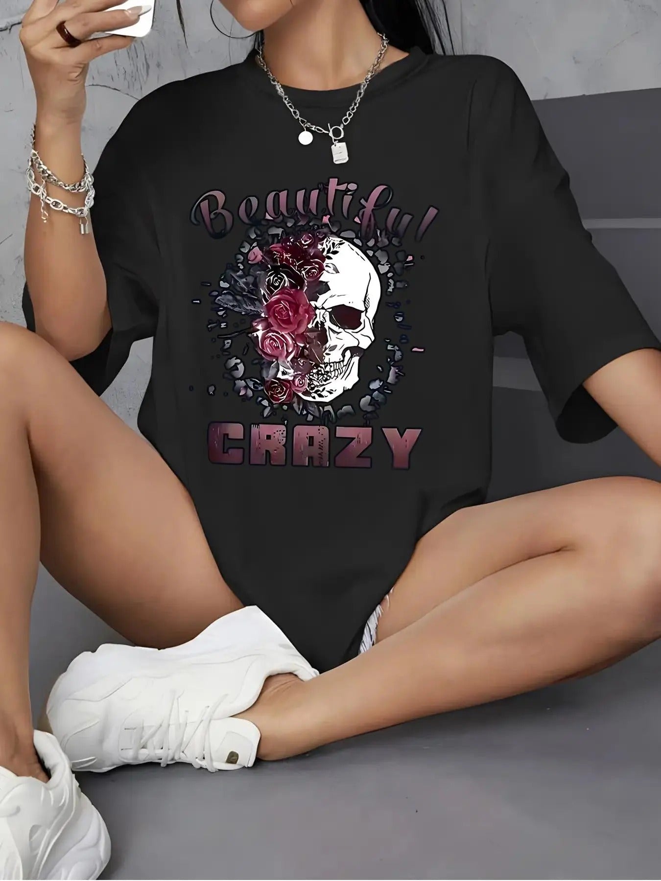 Women's Letter & Cartoon Print Drop Shoulder Round Neck Tee, Punk Fashion Casual Half Sleeve Crew Neck Graphic T-Shirt...