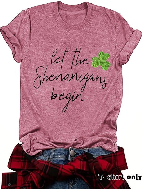 Women's Letter & Clover Print Round Neck Tee, Casual Short Sleeve Crew Neck T-shirt for Summer, Fashion Women's Top for...