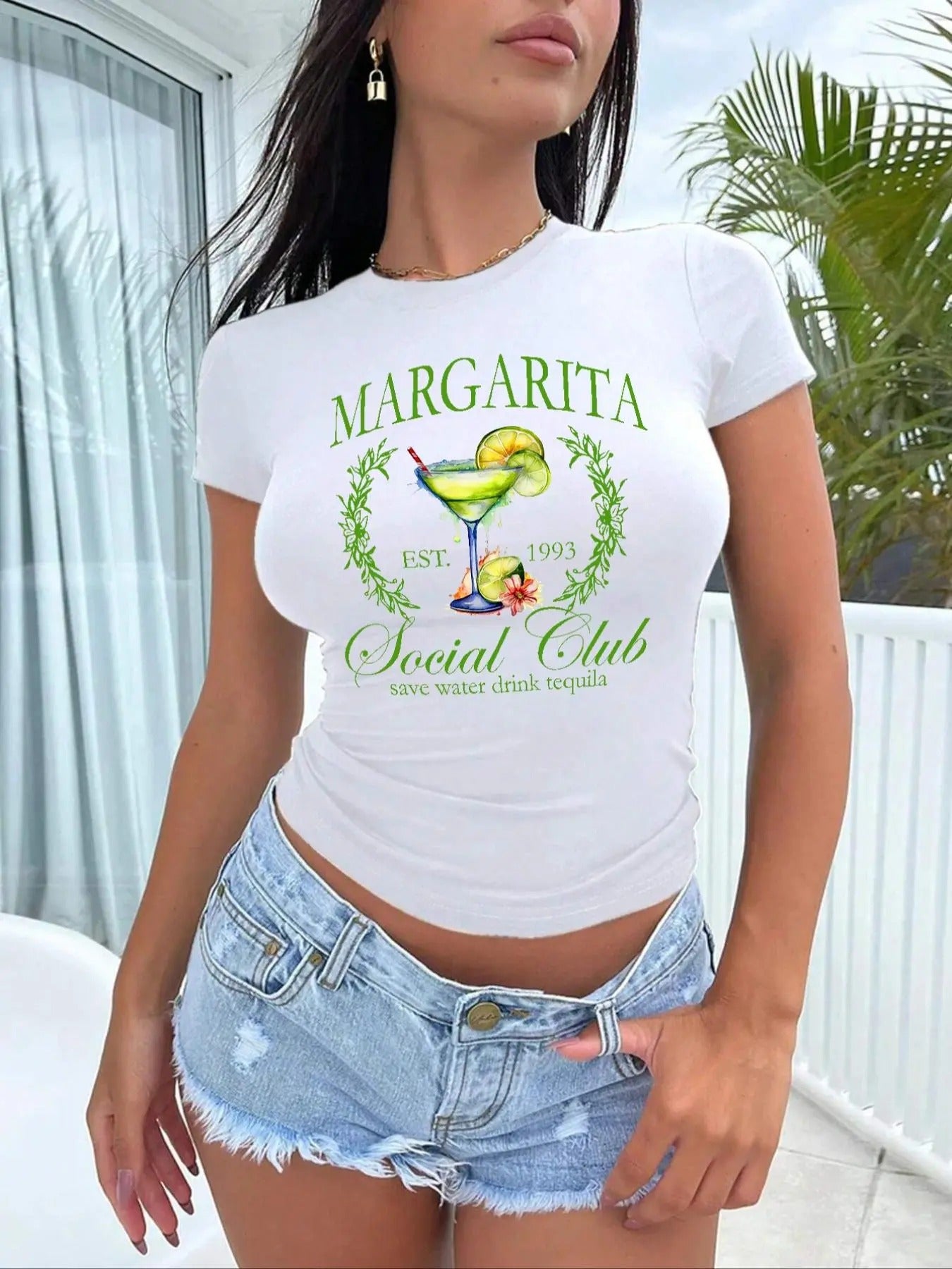 Women's Letter & Cocktail Print Round Neck Tee, Casual Short Sleeve T-shirt for Summer, Ladies Clothes for Daily Wear...