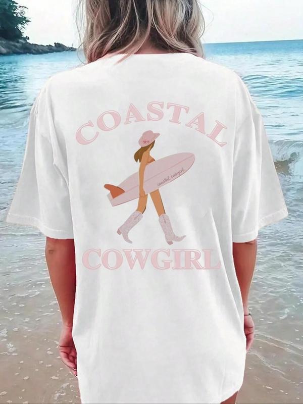 Women's Letter & Cowgirl Print Drop Shoulder Tee, Casual Crew Neck Short Sleeve T-Shirt, Ladies Clothes for Daily Wear...
