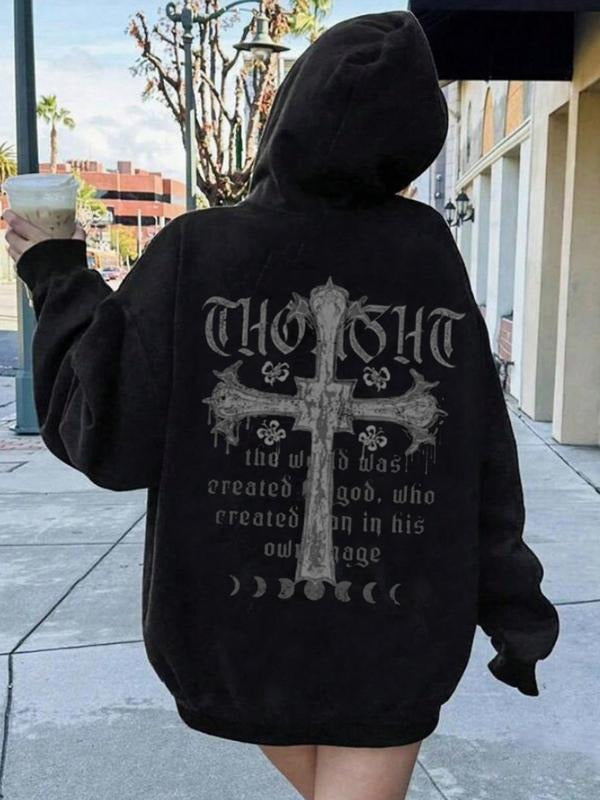 Women's Letter & Cross Print Drop Shoulder Hoodie, Fashion Casual Drawstring Pocket Hooded Sweatshirt for Daily Holiday...