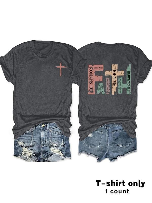 Women's Letter & Cross Print Round Neck Tee, Casual Short Sleeve Crew Neck T-shirt for Summer, Fashion Women's Top for...