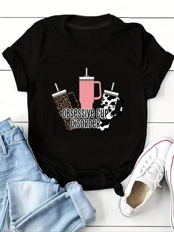 Women's Letter & Cup Print Round Neck Graphic Tee, Vintage Trendy Casual Short Sleeve T-shirt for Daily Wear, Ladies...