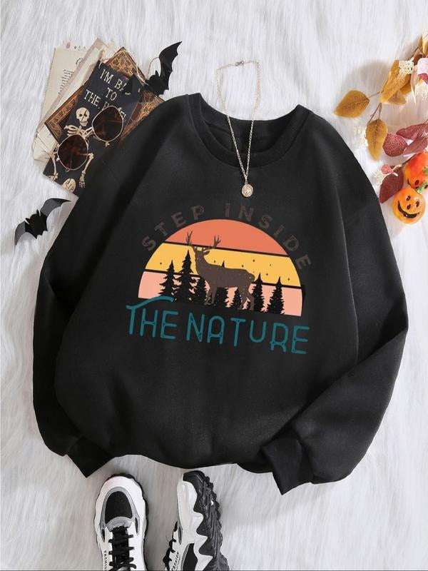 Women's Letter & Deer Print Drop Shoulder Sweatshirt, Casual Long Sleeve Round Neck Pullover for Fall & Winter, Women's...