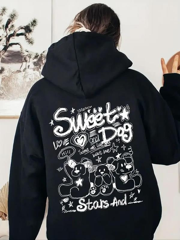 Women's Letter & Dog Print Drawstring Hoodie, Casual Long Sleeve Kangaroo Pocket Hooded Sweatshirt for Daily Holiday...