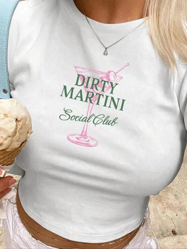 Women's Letter & Drinks Print Round Neck Crop Tee, Fashion Casual Drop Shoulder Short Sleeve T-shirt for Daily Wear,...