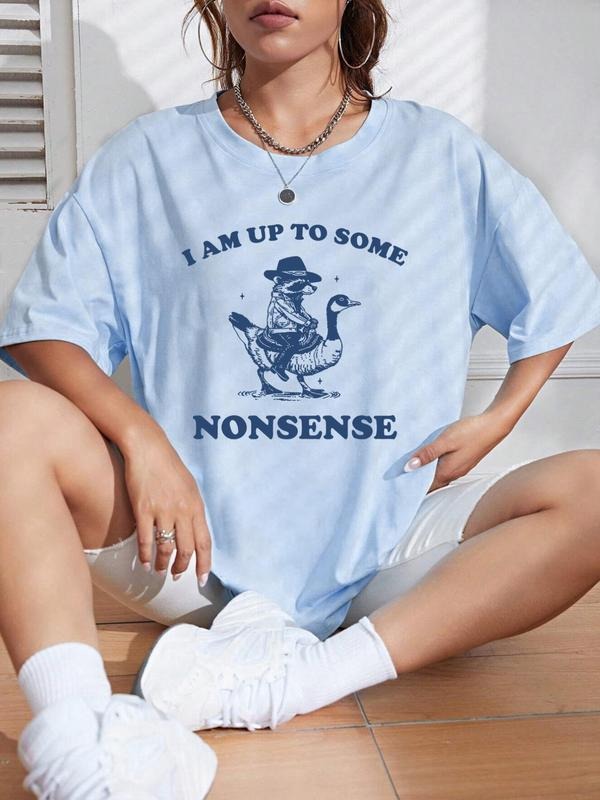 Women's Letter & Duck Print Round Neck Tee, Vintage Trendy Casual Short Sleeve T-shirt for Daily Wear, Ladies Summer...