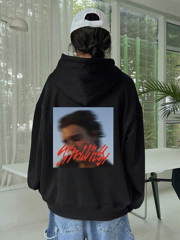 Women's Letter & Figure Print Drop Shoulder Hoodie, Fashion Casual Drawstring Pocket Hooded Sweatshirt for Daily Holiday...