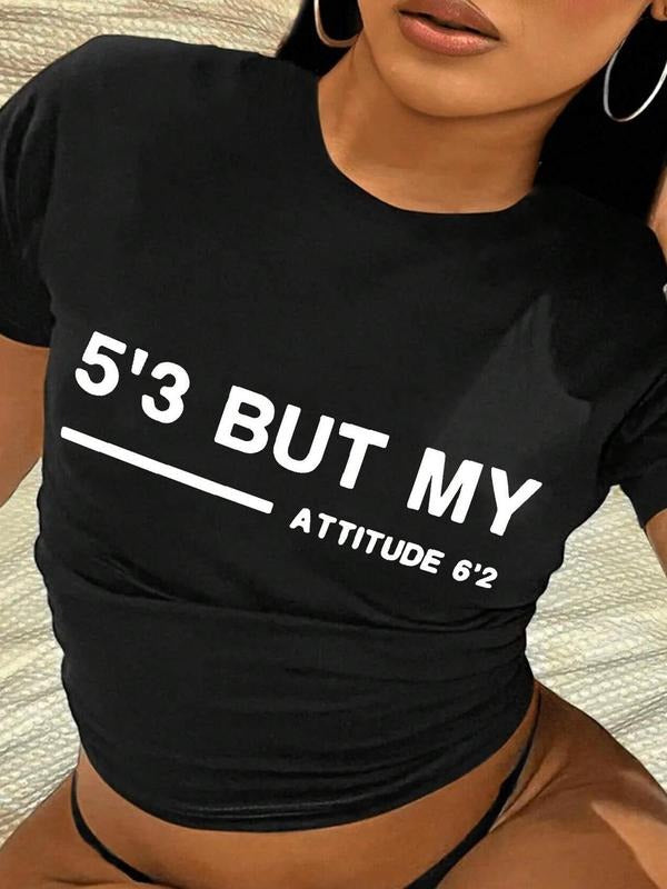 Women's Letter & Figure Print Round Neck Crop Tee, Casual Short Sleeve T-shirt for Summer, Ladies Clothes for Daily Wear...