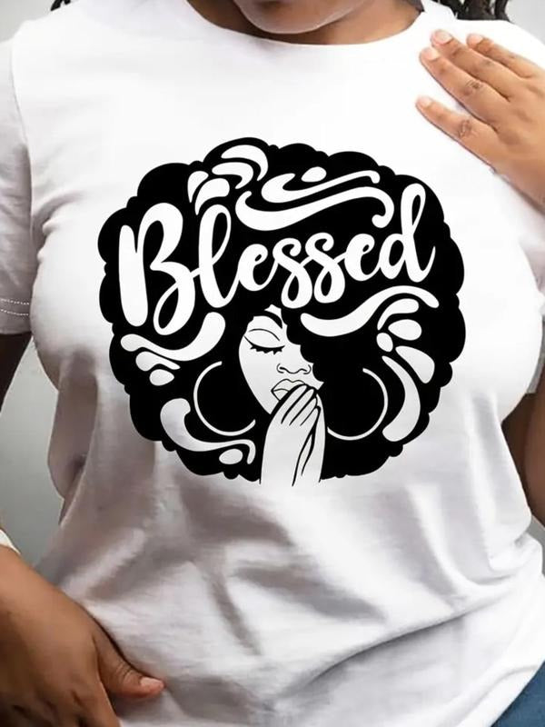 Women's Letter & Figure Print Round Neck Tee, Trendy Casual Short Sleeve Crew Neck T-shirt for Daily Wear, Ladies Summer...