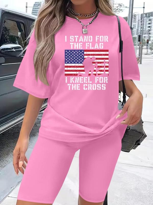 Women's Letter & Flag Print Two-Piece Set, Casual Short Sleeve T-Shirt & Skinny Shorts, Women's Clothing for Daily Wear,...