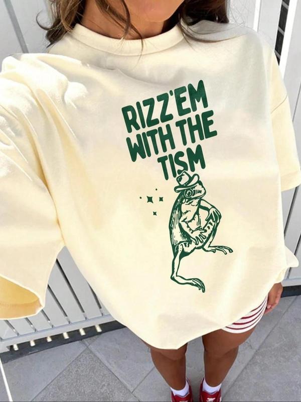 Women's Letter & Frog Print Round Neck Tee, Vintage Trendy Casual Short Sleeve T-shirt for Daily Wear, Ladies Summer...