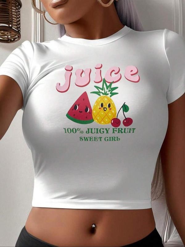 Women's Letter & Fruit Print Round Neck Crop Tee, Casual Short Sleeve Crew Neck T-shirt for Summer, Fashion Women's Top...