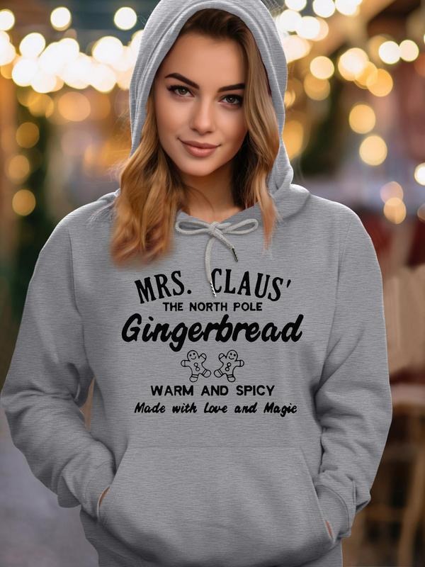 Women's Letter & Gingerbread Man Print Drawstring Pocket Hoodie, Casual Long Sleeve Hooded Sweatshirt for Fall & Winter,...